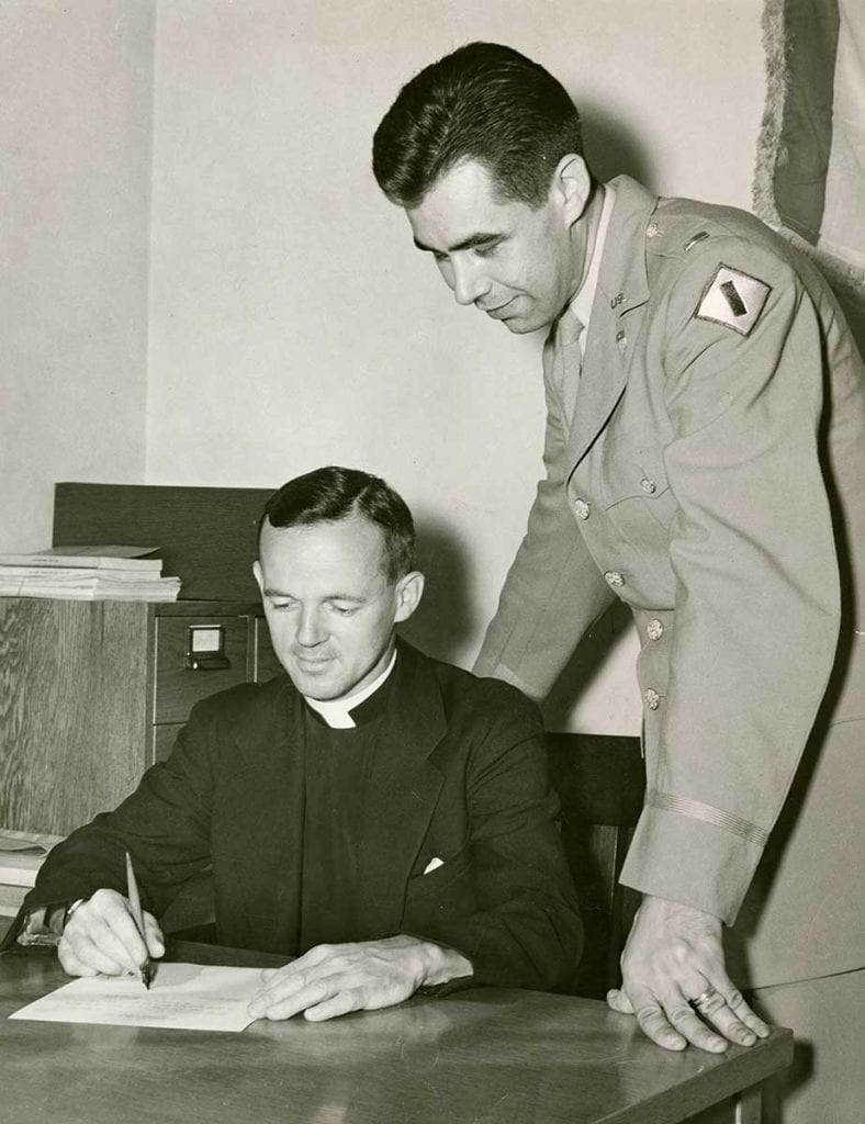 On Aug. 25, 1943, Father Doyle was sworn in as a first lieutenant in the Army Chaplains' Corps by David Sawyer, 2nd Lt. in the P.C. Army Specialized Training Program Unit. He began training at Chaplains' School one month later.