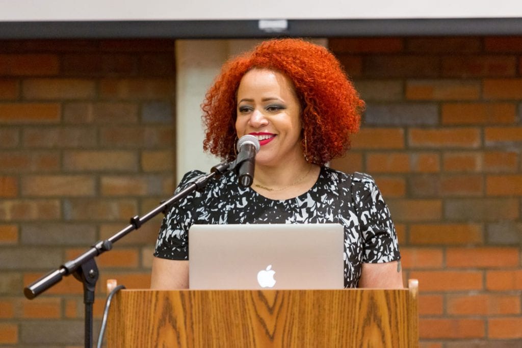 Nikole Hannah-Jones, writer for The New York Times Magazine, speaks in Slavin Center '64 Hall about racial segregation in education.