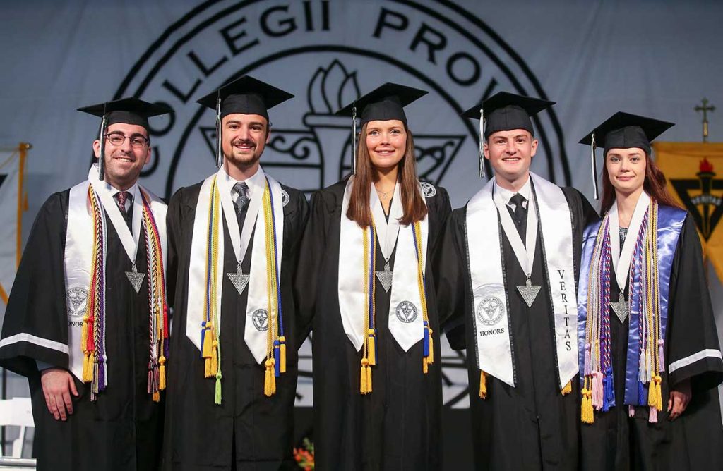 Five students in the Class of 2022 earned perfect 4.0 GPAs, the equivalent of all As over eight semesters. From left, Matthew Lussier '22, Andrew Antonik '22, Aisling Maguire '22, Brian Campbell '22, and Mackenzie Maude '22.