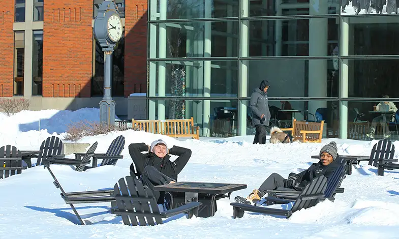 students on campus in the winter