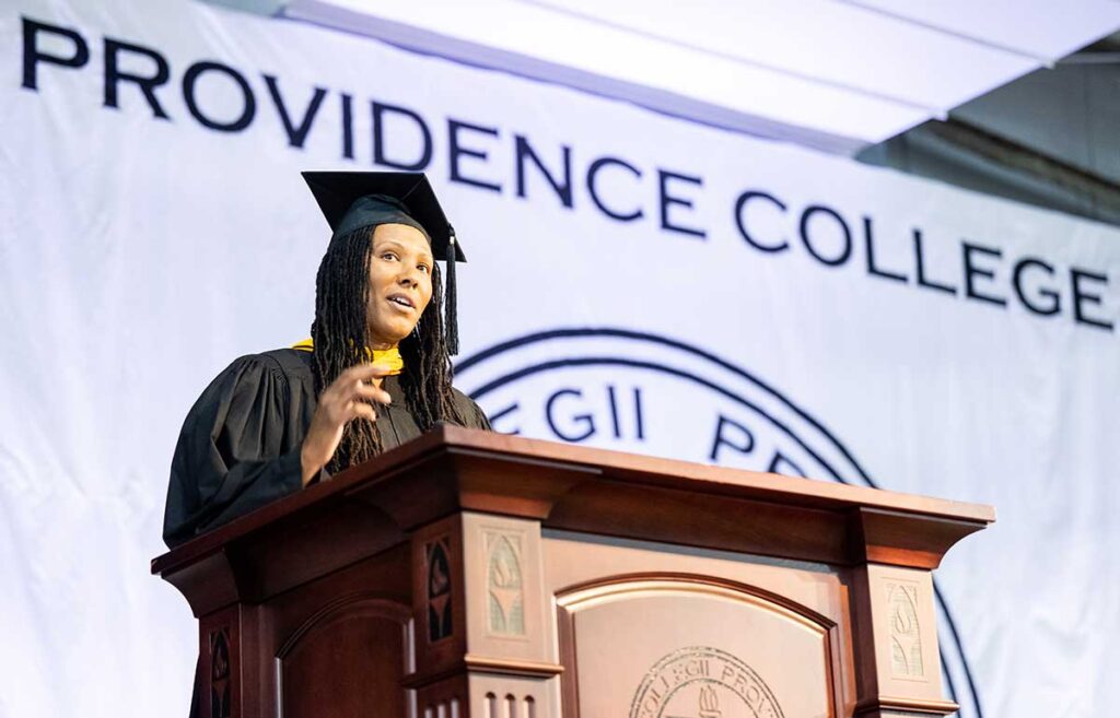 Chamique Holdsclaw advises students in the Class of 2026 to take care of their mental health in addition to their academic work.