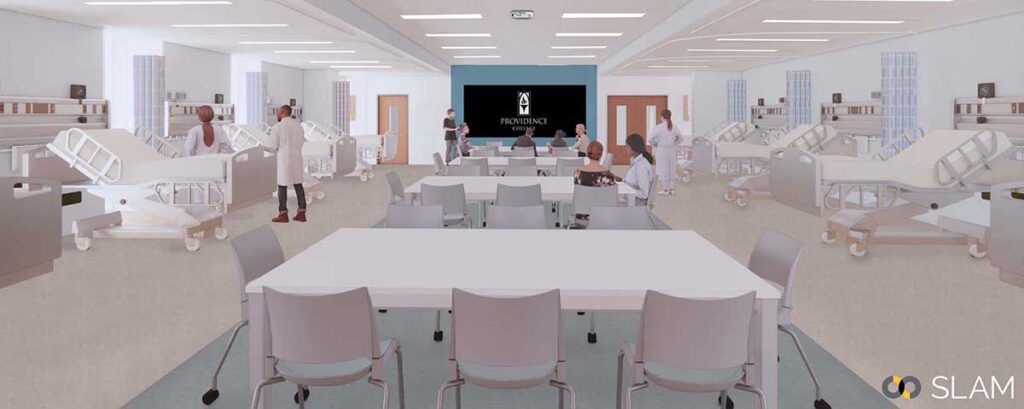 A architectural rendering by SLAM of a proposed simulation room in the new nursing building. 