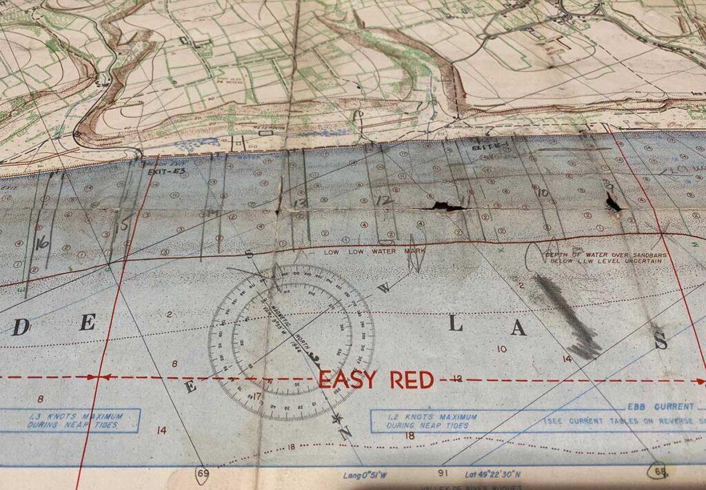 The D-Day map that the family of Navy Lt. Cmdr. Joseph Vaghi Jr. '42 donated to the Library of Congress. He was beachmaster for the section of Omaha Beach known as "Easy Red."