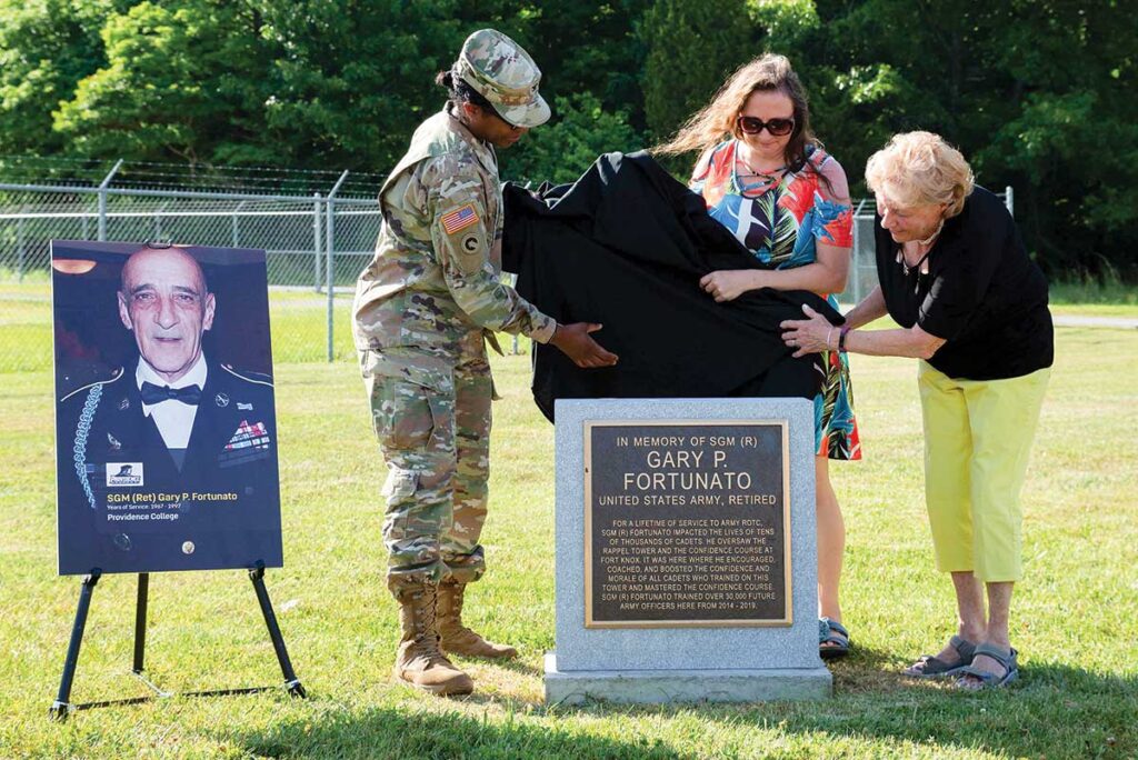 A plaque at Fort Knox, Ky., was unveiled in honor of Sgt. Maj. Gary P. Fortunato '00SCE by his daughter, Judy, and his wife, Carol.