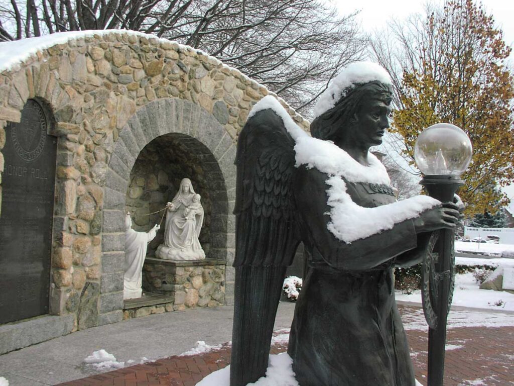 A snow-capped angel at the War Memorial Grotto.