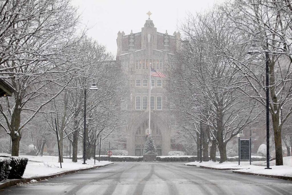 Harkins Hall in the winter snow.