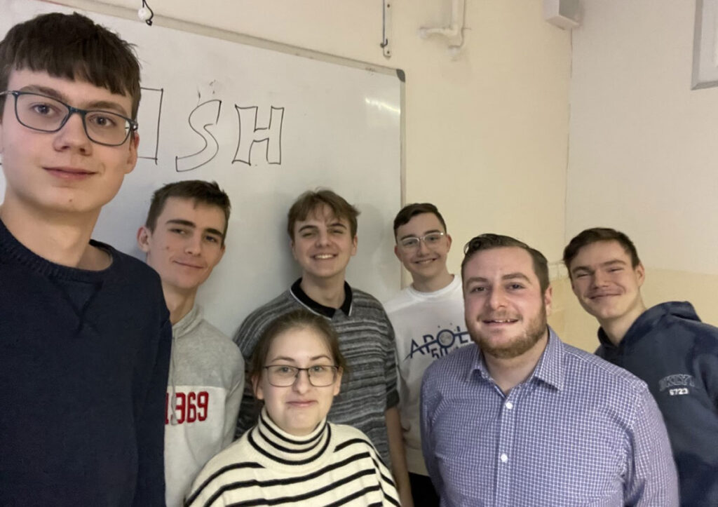Evan Diliberto '22, second from right, with six of the many students he teaches in Bratislava, Slovakia.