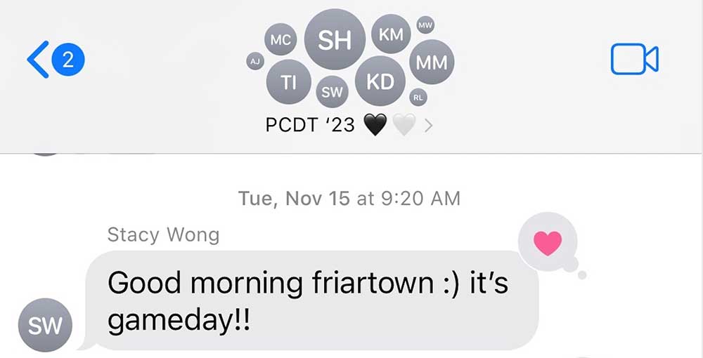 text message in dance team group chat wishing team a happy game day