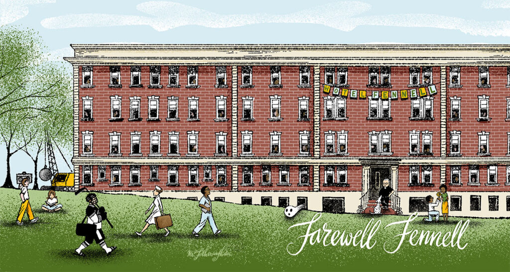 Illustration of Fennell Hall by Edwin Fotheringham, Seattle artist.
