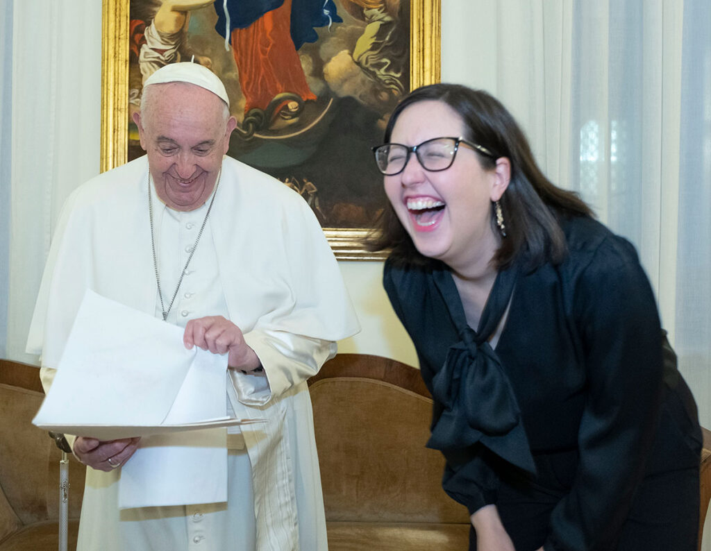 On behalf of her 6-year-old son, Kerry Weber '04 asked Pope Francis to name his favorite animal. The pope joked that it was "a combination of all the animals," making Weber laugh.