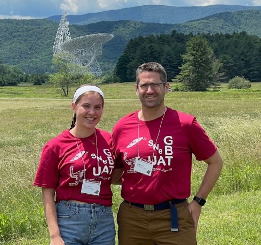Katie Kudla '24 and professor Joseph Ribaudo, Ph.D., at the Green Bank Observatory in West Virginia, home of the Robert C. Byrd radio telescope.