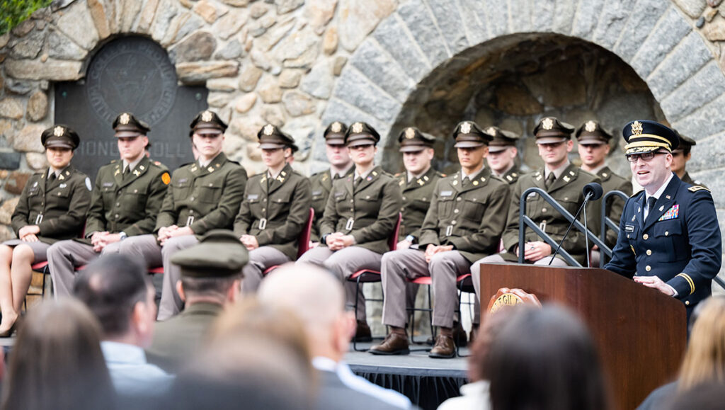Rabbi and Major Aaron Stucker-Rozovsky '09 addresses cadets from ROTC Patriot Battalion during the commissioning ceremony at the War Memorial Grotto.