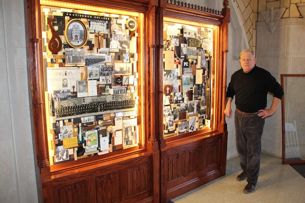 History display cabinet on the 2nd floor of Harkins hall atrium