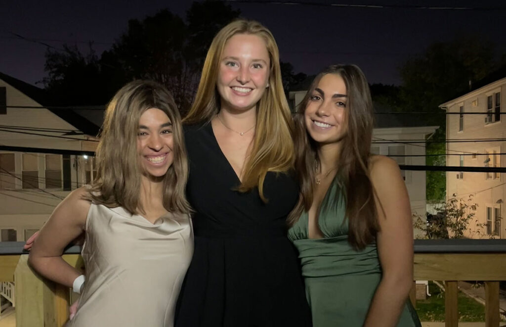 Three friends in the fall of 2022, from left, Jobie Hereford '23, Christina Coukos, and Grace Stewart '23.