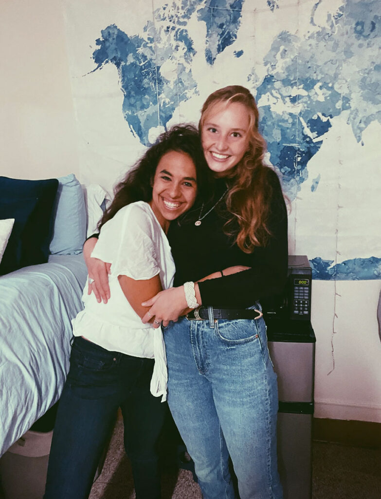 Jobie Hereford '23, left, with her roommate, Grace Stewart '23, in Room 209 in Aquinas Hall.