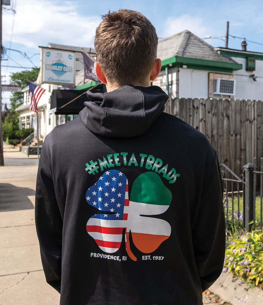 Providence College students can display their affection for Brad's with merchandise. These #MeetAtBrads hoodies sell out fast.