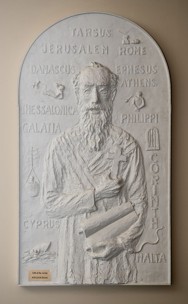 William Haas was a painter and sculptor. His plaque of Saint Paul is displayed in the Ruane Center for the Humanities. He also painted the college's official portrait of his predecessor, Rev. Vincent Dore, O.P. '23.