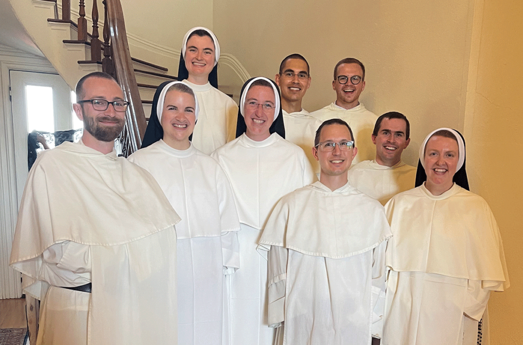 A group of young alumni reunited in Nashville in July 2023 to witness Sister Rachel Marie Boyd, O.P. ’15 profess perpetual vows with the Dominican Sisters of St. Cecilia. Clockwise from top: Sister Paulina Forster, O.P. ’13; Brother Roland Wakefield, O.P. ’21; Brother Thomas Nee, O.P. ’18; Rev. Zachary Sexton, O.P. ’13, who was ordained to the priesthood in May 2023 in Washington, D.C.; Sister Laura Immaculata Clarke, O.P. ’18; Rev. John Sica, O.P. ’10; Sister Rachel Marie Boyd, O.P. ’15; Sister Cecilia Marie Evans, O.P. ’11; and Rev. Damian Day, O.P. ’15.