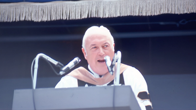 Richard A. Riley presents the 1975 commencement address at Providence College.