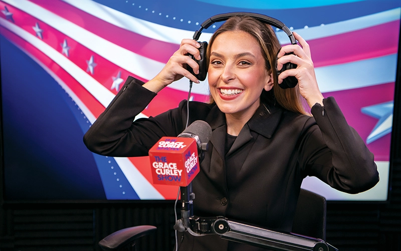 Grace Curley '14 in the studio for her radio show on the Howie Carr Radio Network, syndicated across New England.