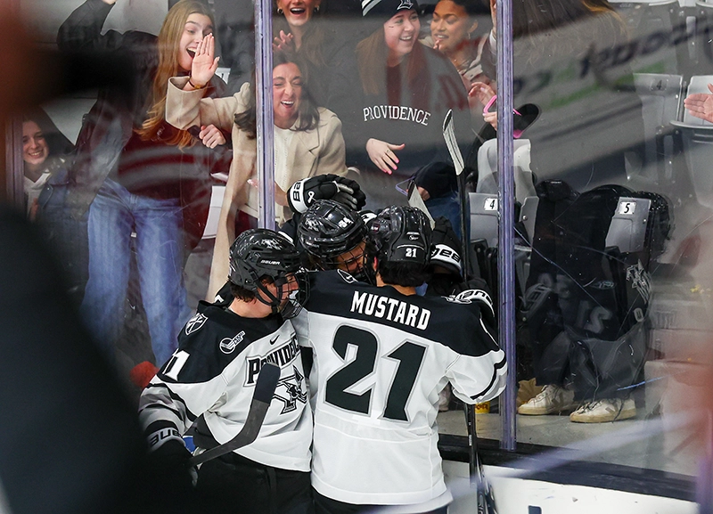 Men's ice hockey players celebrate a goal and fans express their enthusiasm by waving through the plexiglass.