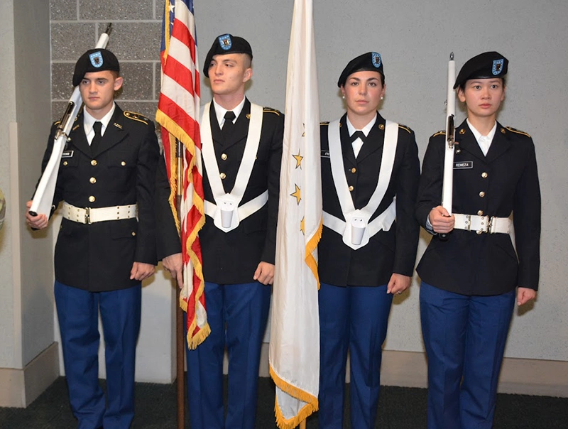 The Color Guard from PC's ROTC Patriot Battalion included PC students Paul Cronin '26 and Delia Fritz '27 and Brown University students Edward Torres and Alissa Remeza.