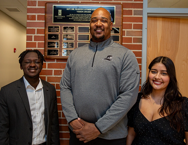 The 2025 MLK Vision Award winners, from left, Mouhamed Thiam '25, Bilal Dixon '12, and Daleth Rodriguez '27.