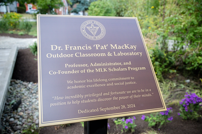 Sign explaining that the outdoor classroom is dedicated to Dr. Francis "Pat" MacKay