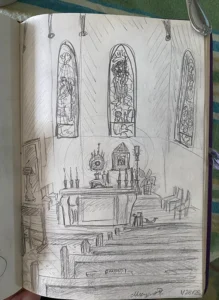 A sketch by Margaret Price '25 of St. Dominic Chapel, drawn during Eucharistic Adoration.