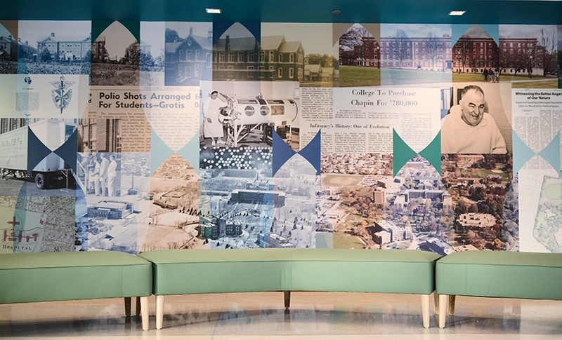 The mural in the Mondor Center for Nursing and Health Sciences traces the history of the property as well as the college's involvement in health care over the past century.