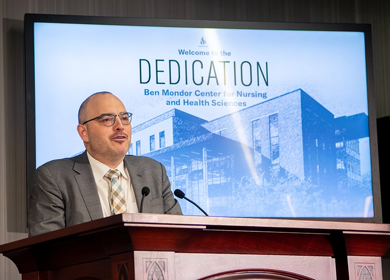 Paul Coyne, DNP '08 was the keynote speaker at the dedication of the Ben Mondor Center for Nursing and Health Sciences on April 26, 2025.