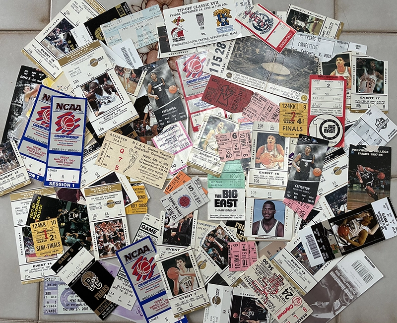Ticket stubs from a variety of Providence College basketball games through the years.