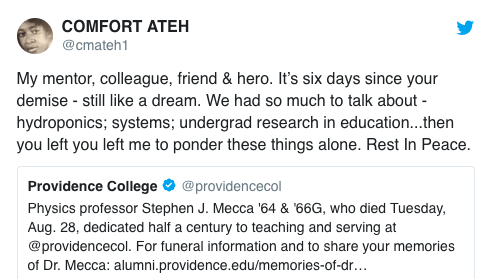 Comfort Ateh tweet in honor of Dr. Mecca