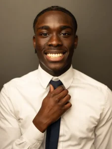 Donald Simpreus '26 smiles as he adjusts his tie.