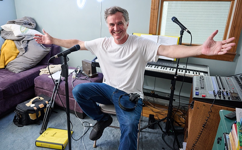 Matt Farley '00 writes songs in the spare bedroom of his home in Danvers, Massachusetts.