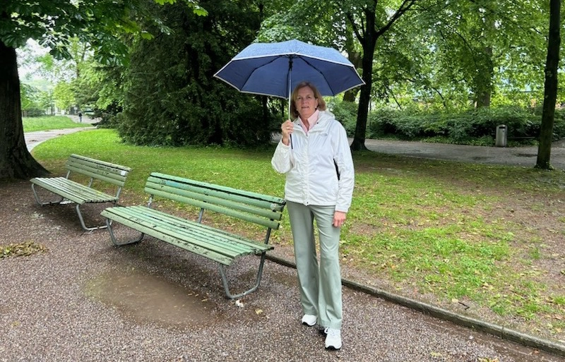 Katherine Kranz, Ph.D., at Platzspitz City Park in Zurich, once frequented by people with drug addictions.