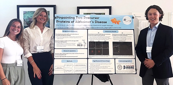 From left, Kylie Fordyce ’25, Georgia Poulakis ’25, and Luke Perrault ’24, researched the physiological processes and roles of key proteins in Alzheimer’s disease.