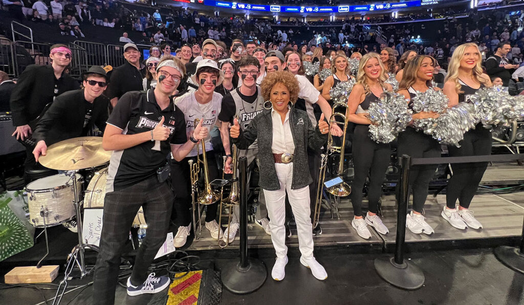 Darlene Love '15 with the Pep Band and Cheer Team during the BIG EAST Tournament at Madison Square Garden in 2024.