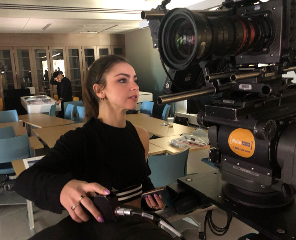 Manya Glassman '19 behind the camera during filming in the Feinstein Academic Center for her short film, "How I Learned to Die."