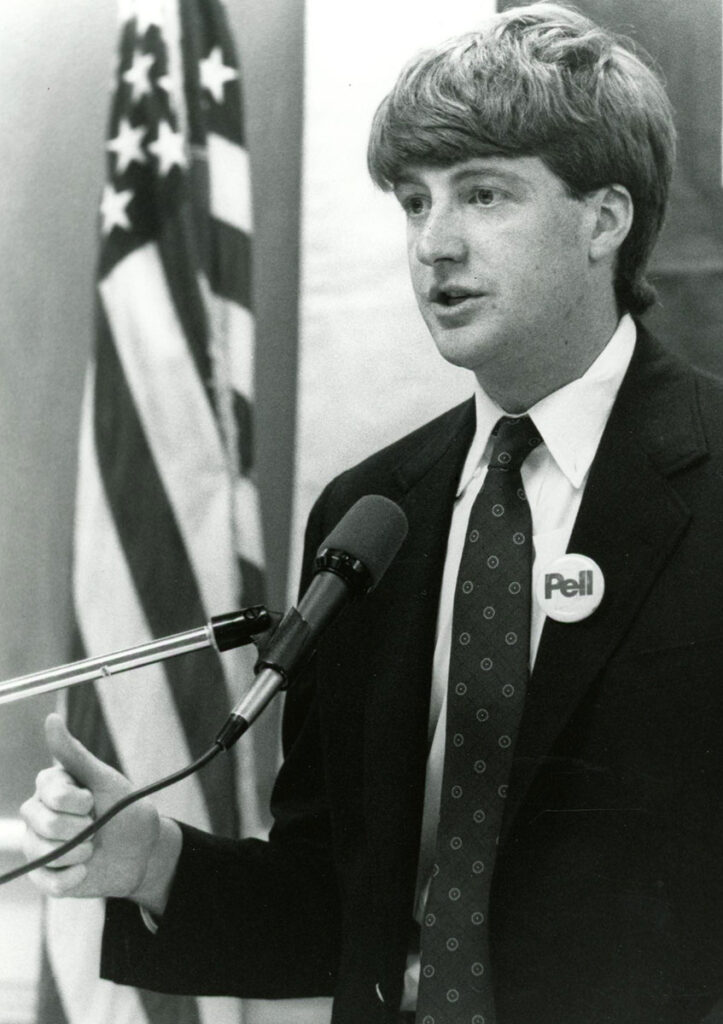 Patrick Kennedy '91 founded a Young Democrats chapter at PC. In October 1990, the chapter hosted a rally in Moore Hall to support the re-election campaign of Rhode Island Senator Claiborne Pell.