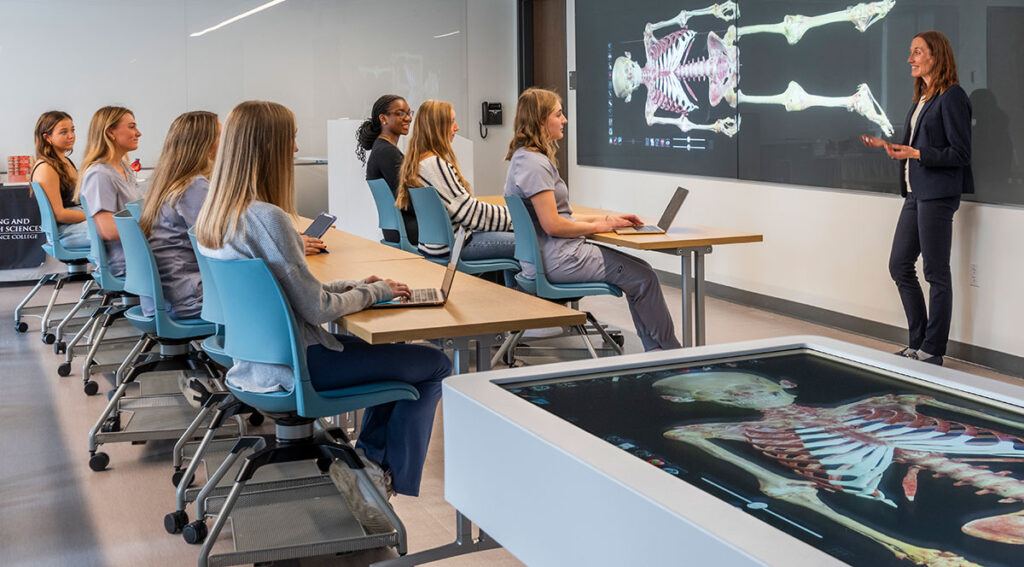 Students study in a nursing classroom in the Feinstein Academic Center. The Ben Mondor Center for Nursing and Health Sciences will open in January 2025.