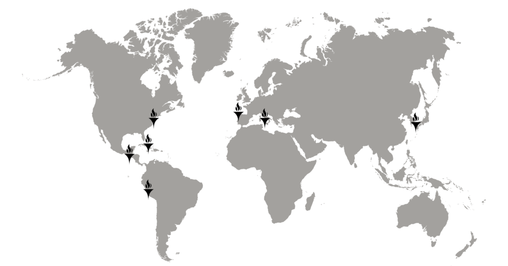 World map with torches as location pins over the various locations travelled.
