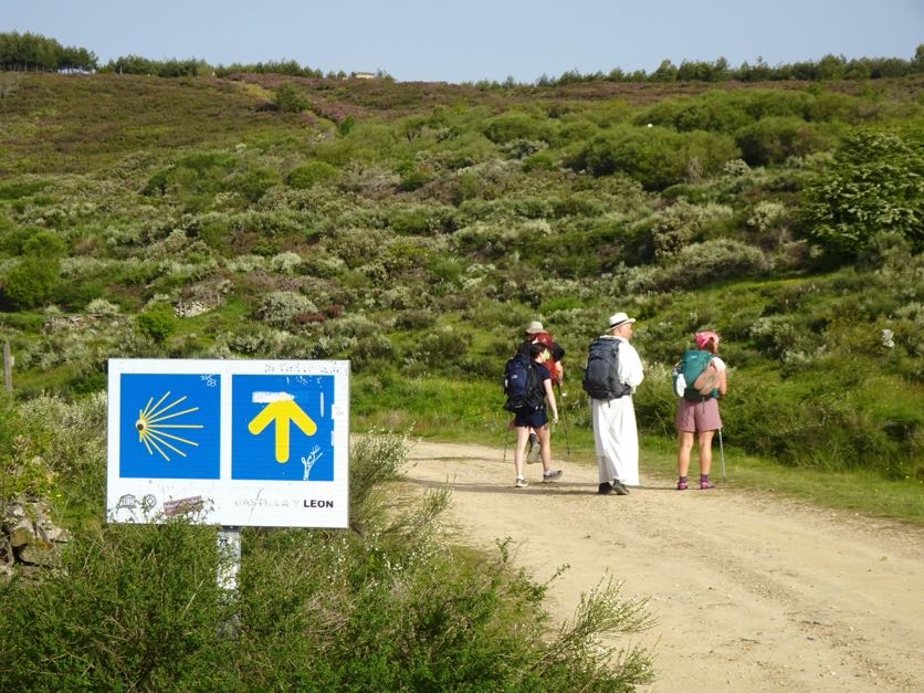 A group of hikers with backpacks walk along a dirt path in a lush, green landscape. A blue and yellow Camino de Santiago sign is visible in the foreground, featuring a scallop shell and an arrow pointing the way, with "León" written on it. Dense shrubs and trees line the path.